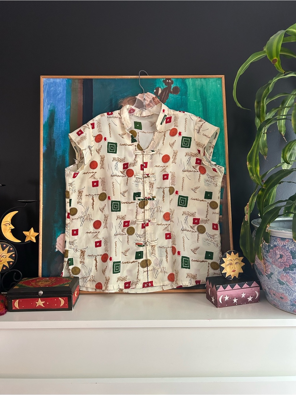 Vintage Asian Inspired Geometric Mandarin Collar Blouse Frog Closure Top